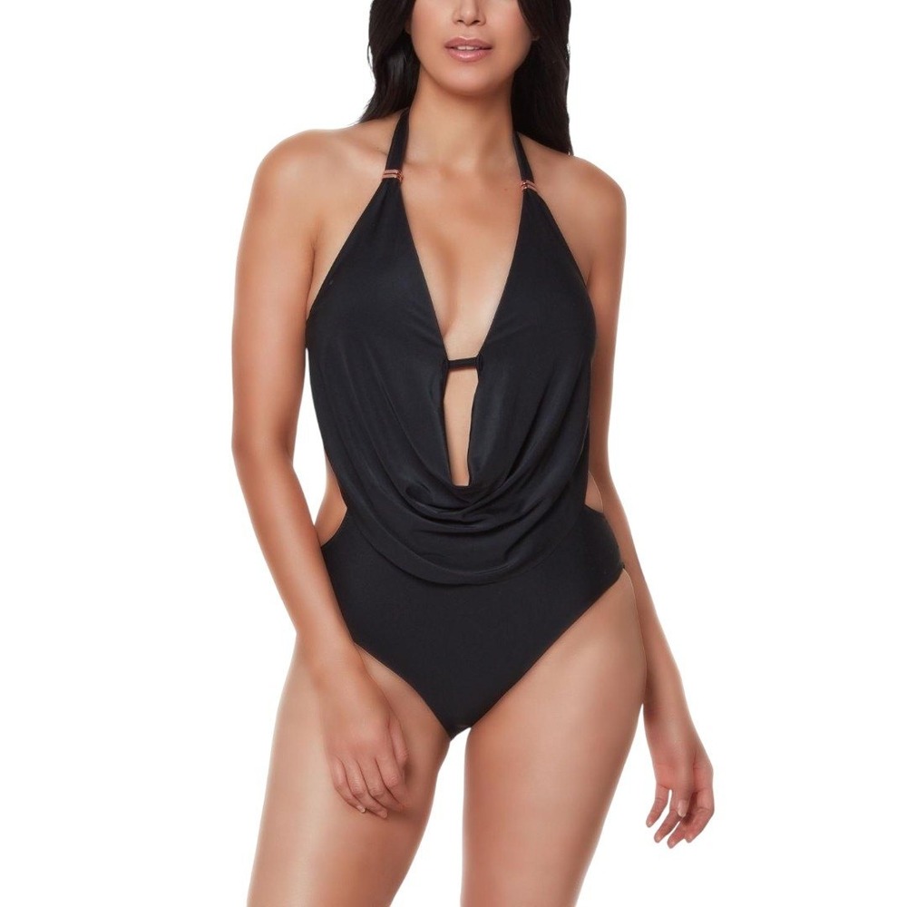 Bar III Black Solid Cowlneck One-Piece Swimsuit‎ XS